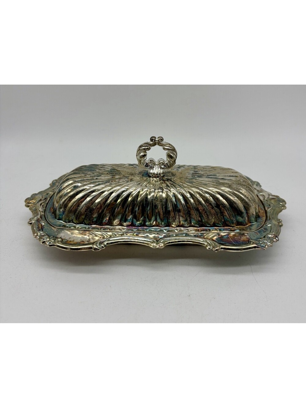 Vintage Silver Plated Covered Butter Dish W Starburst Glass Insert Ornate Detail